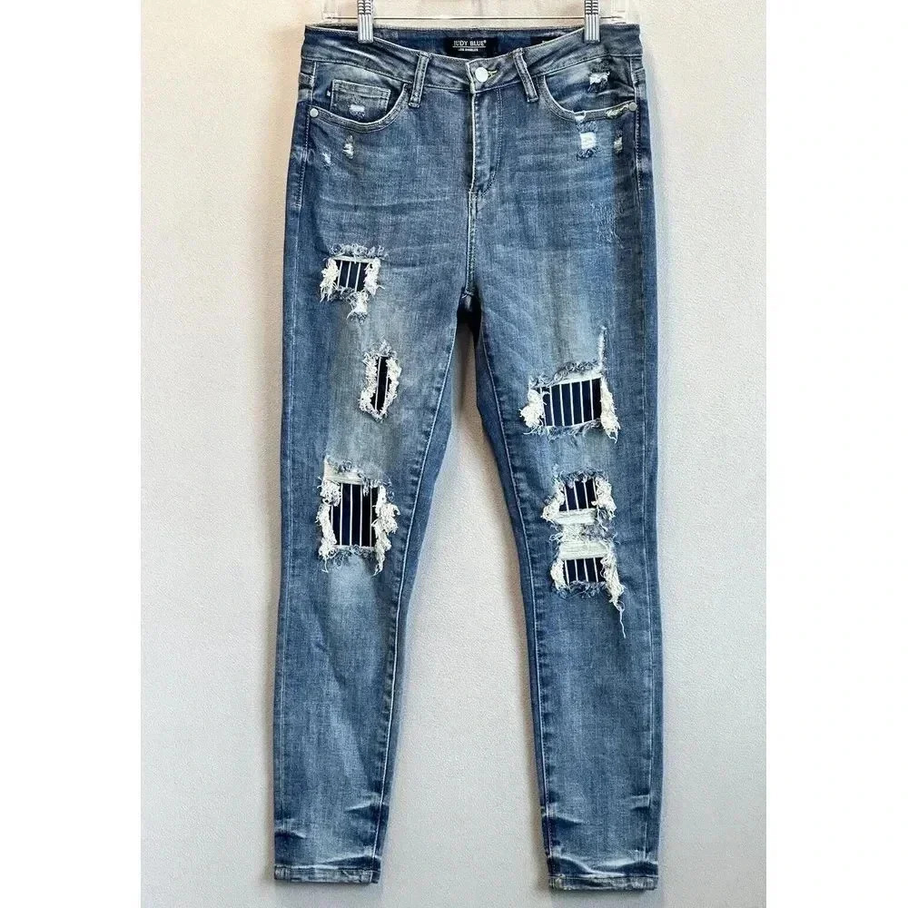 Judy Blue Jeans Women's Sz 9/29 Skinny Fit Blue Pinstripe Patch Distressed Denim
